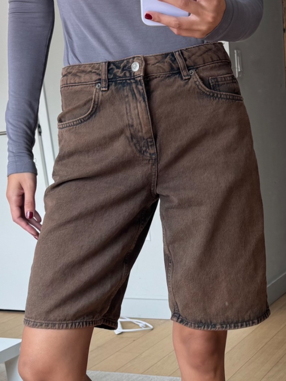 NA-KD Brown Denim Long Shorts Jorts Size EU 34 US 2 4 Baggy Wide Leg